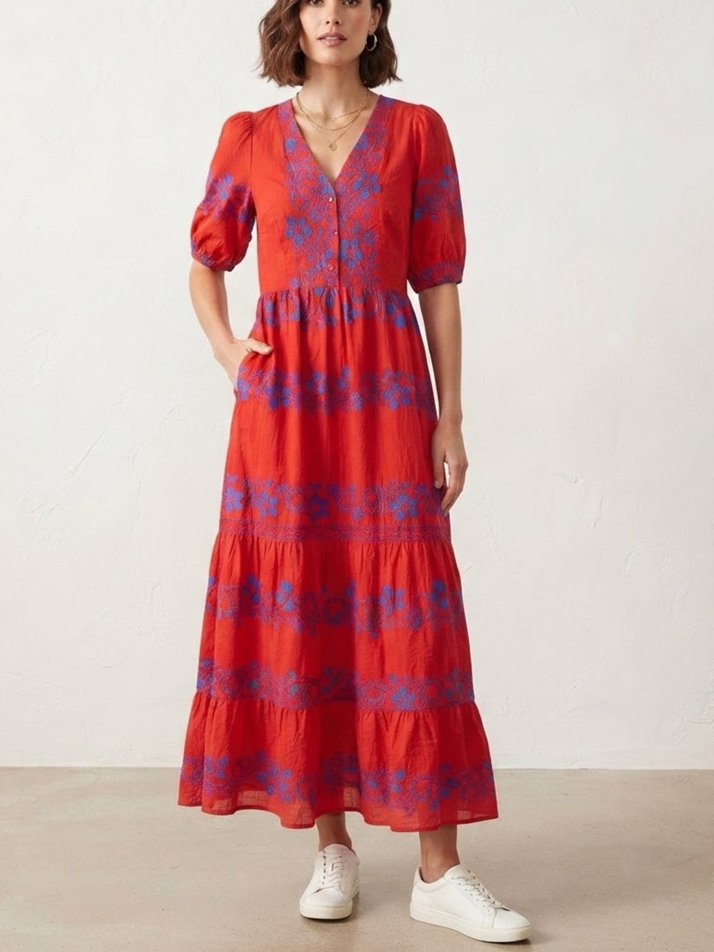 CELINA MOON Red Maxi Dress with Blue Floral Print